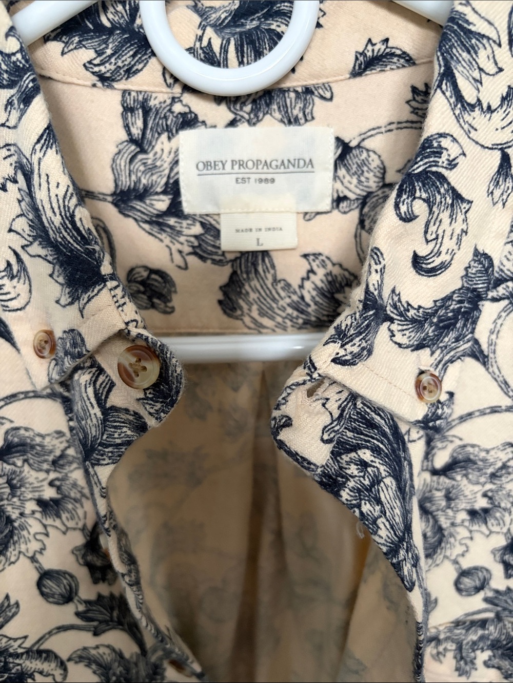Men's Beige Floral Button-Down Shirt - Navy Print